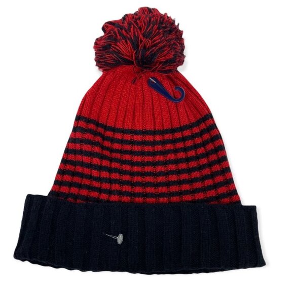NEW Tommy Hilfiger Blue Red Striped Ribbed Knit Pom Pom Hat Toque Beanie Winter - Picture 5 of 7